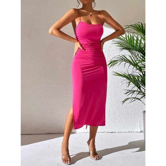 orange Twist Backless Split Thigh Cami midi Dress - Picture 5 of 11